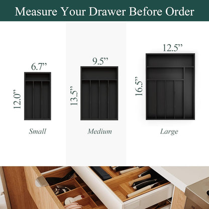 Bamboo Silverware Organizer, Kitchen Drawer Organizer, Utensil Holder, Cutlery Tray & Spoon Flatware Storage with Grooved Drawer Dividers (9.5''W x 13.5''D)