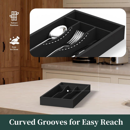 Bamboo Silverware Organizer, Kitchen Drawer Organizer, Utensil Holder, Cutlery Tray & Spoon Flatware Storage with Grooved Drawer Dividers (9.5''W x 13.5''D)
