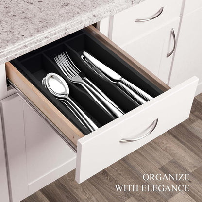 Bamboo Silverware Organizer, Kitchen Drawer Organizer, Utensil Holder, Cutlery Tray & Spoon Flatware Storage with Grooved Drawer Dividers (9.5''W x 13.5''D)