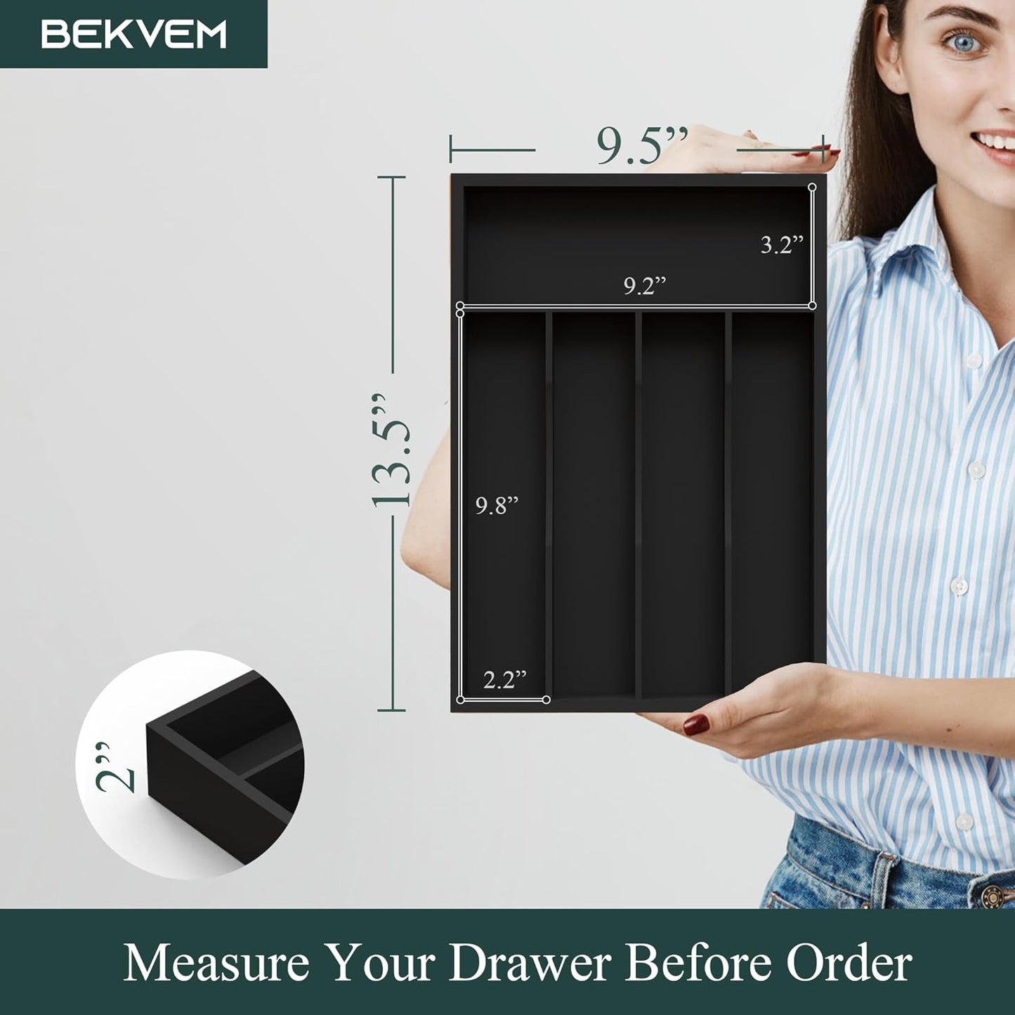 Bamboo Silverware Organizer, Kitchen Drawer Organizer, Utensil Holder, Cutlery Tray & Spoon Flatware Storage with Grooved Drawer Dividers (9.5''W x 13.5''D)