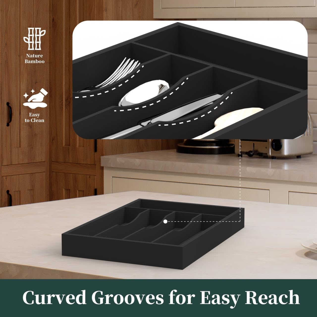 Bamboo Silverware Organizer, Kitchen Drawer Organizer, Utensil Holder, Cutlery Tray & Spoon Flatware Storage with Grooved Drawer Dividers (9.5''W x 13.5''D)