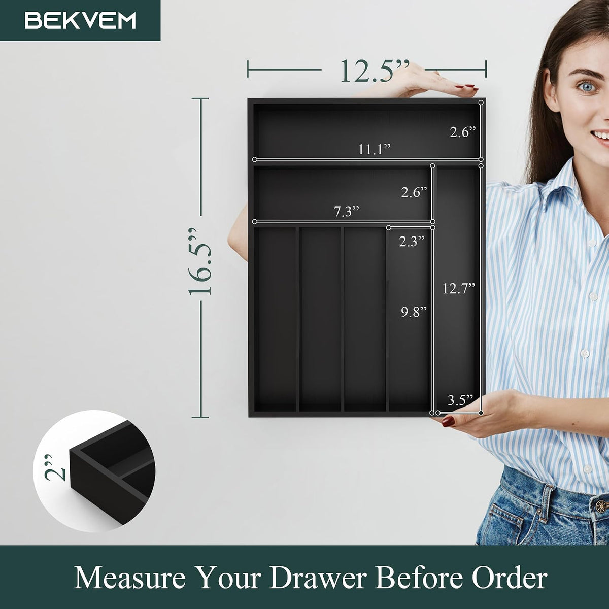 Bamboo Silverware Organizer, Kitchen Drawer Organizer, Utensil Holder, Cutlery Tray & Spoon Flatware Storage with Grooved Drawer Dividers (9.5''W x 13.5''D)