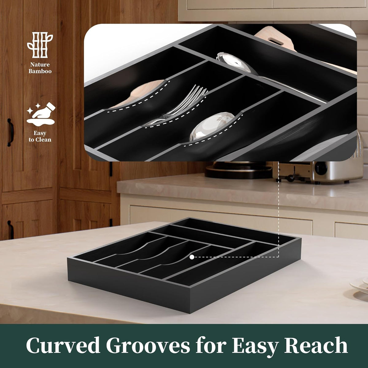 Bamboo Silverware Organizer, Kitchen Drawer Organizer, Utensil Holder, Cutlery Tray & Spoon Flatware Storage with Grooved Drawer Dividers (9.5''W x 13.5''D)