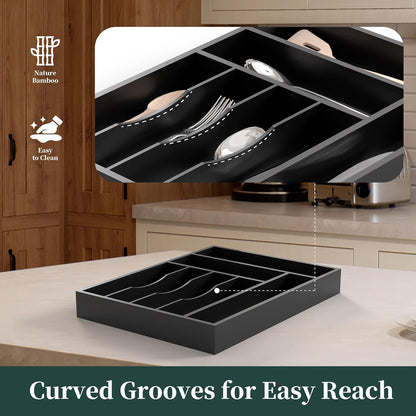 Bamboo Silverware Organizer, Kitchen Drawer Organizer, Utensil Holder, Cutlery Tray & Spoon Flatware Storage with Grooved Drawer Dividers (9.5''W x 13.5''D)