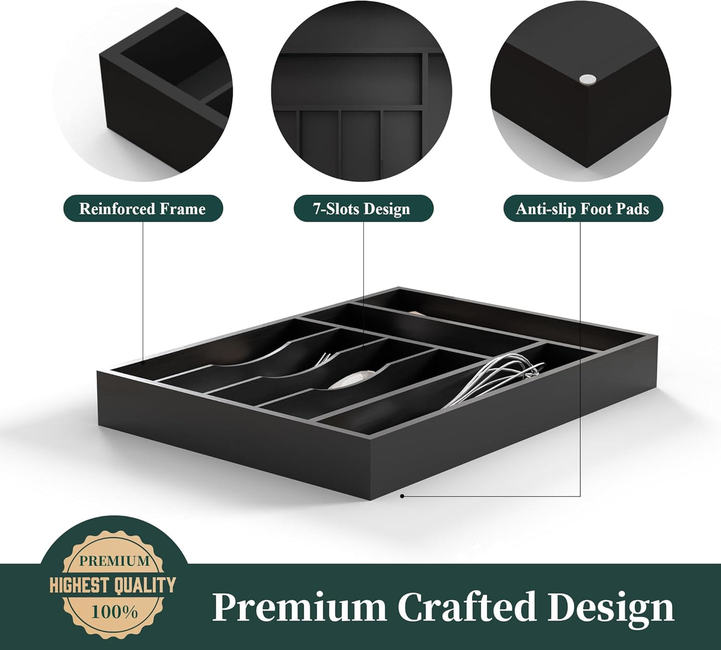 Bamboo Silverware Organizer, Kitchen Drawer Organizer, Utensil Holder, Cutlery Tray & Spoon Flatware Storage with Grooved Drawer Dividers (9.5''W x 13.5''D)