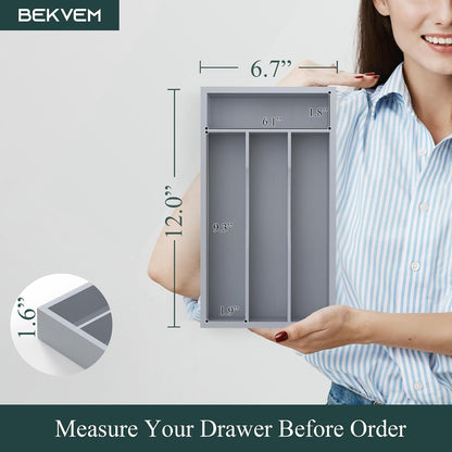 Bamboo Silverware Organizer, Kitchen Drawer Organizer, Utensil Holder, Cutlery Tray & Spoon Flatware Storage with Grooved Drawer Dividers (9.5''W x 13.5''D)