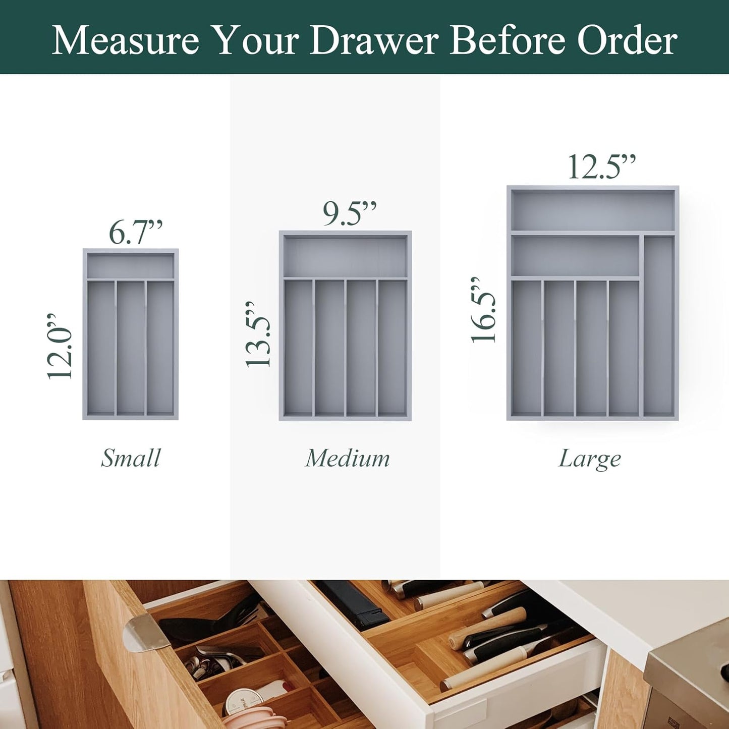 Bamboo Silverware Organizer, Kitchen Drawer Organizer, Utensil Holder, Cutlery Tray & Spoon Flatware Storage with Grooved Drawer Dividers (9.5''W x 13.5''D)