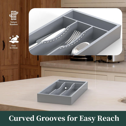 Bamboo Silverware Organizer, Kitchen Drawer Organizer, Utensil Holder, Cutlery Tray & Spoon Flatware Storage with Grooved Drawer Dividers (9.5''W x 13.5''D)