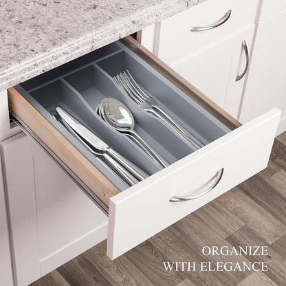 Bamboo Silverware Organizer, Kitchen Drawer Organizer, Utensil Holder, Cutlery Tray & Spoon Flatware Storage with Grooved Drawer Dividers (9.5''W x 13.5''D)