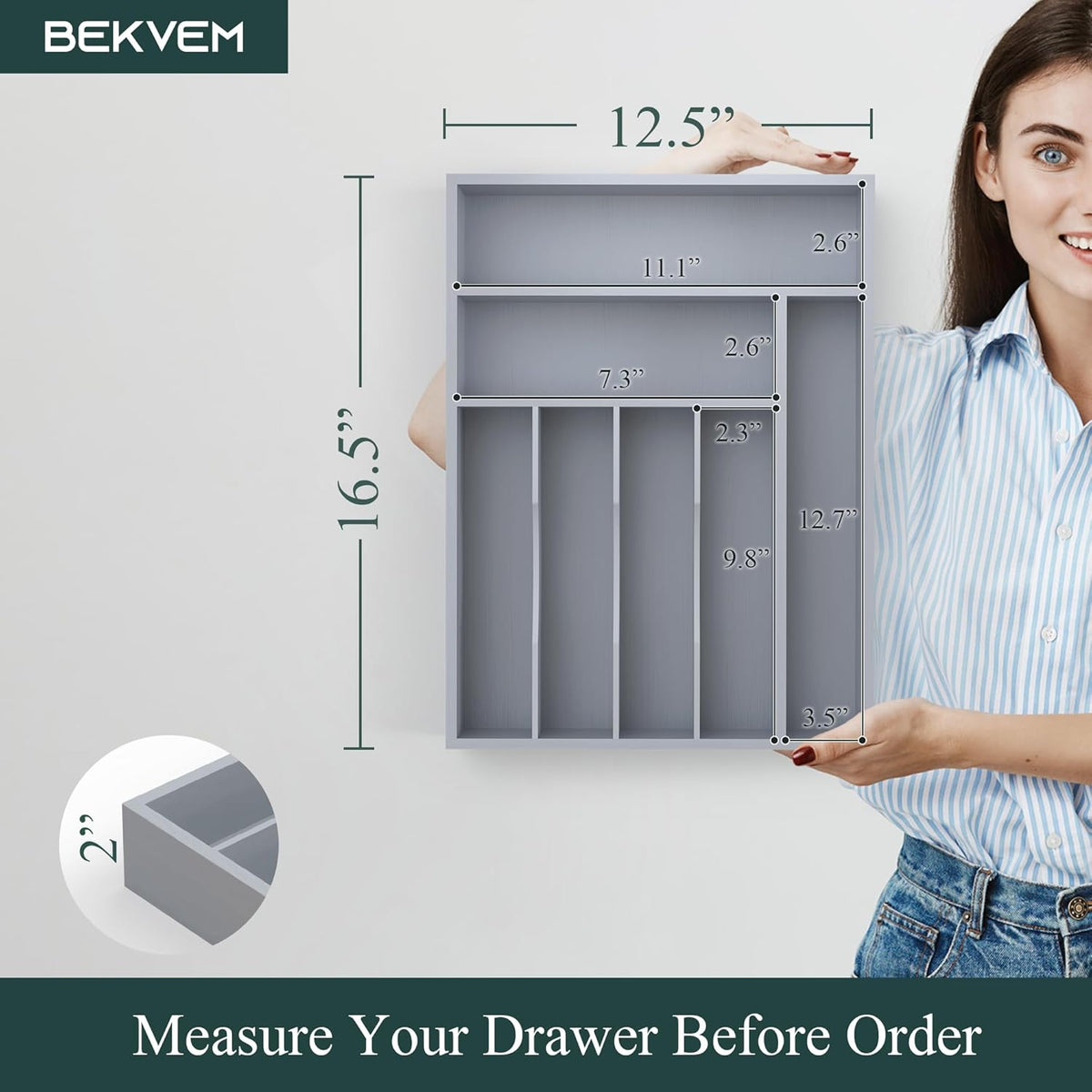 Bamboo Silverware Organizer, Kitchen Drawer Organizer, Utensil Holder, Cutlery Tray & Spoon Flatware Storage with Grooved Drawer Dividers (9.5''W x 13.5''D)
