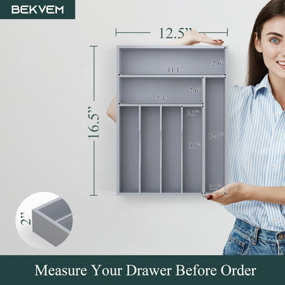 Bamboo Silverware Organizer, Kitchen Drawer Organizer, Utensil Holder, Cutlery Tray & Spoon Flatware Storage with Grooved Drawer Dividers (9.5''W x 13.5''D)