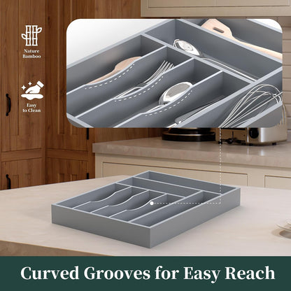 Bamboo Silverware Organizer, Kitchen Drawer Organizer, Utensil Holder, Cutlery Tray & Spoon Flatware Storage with Grooved Drawer Dividers (9.5''W x 13.5''D)