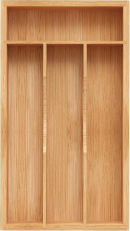 Bamboo Silverware Organizer, Kitchen Drawer Organizer, Utensil Holder, Cutlery Tray & Spoon Flatware Storage with Grooved Drawer Dividers (9.5''W x 13.5''D)