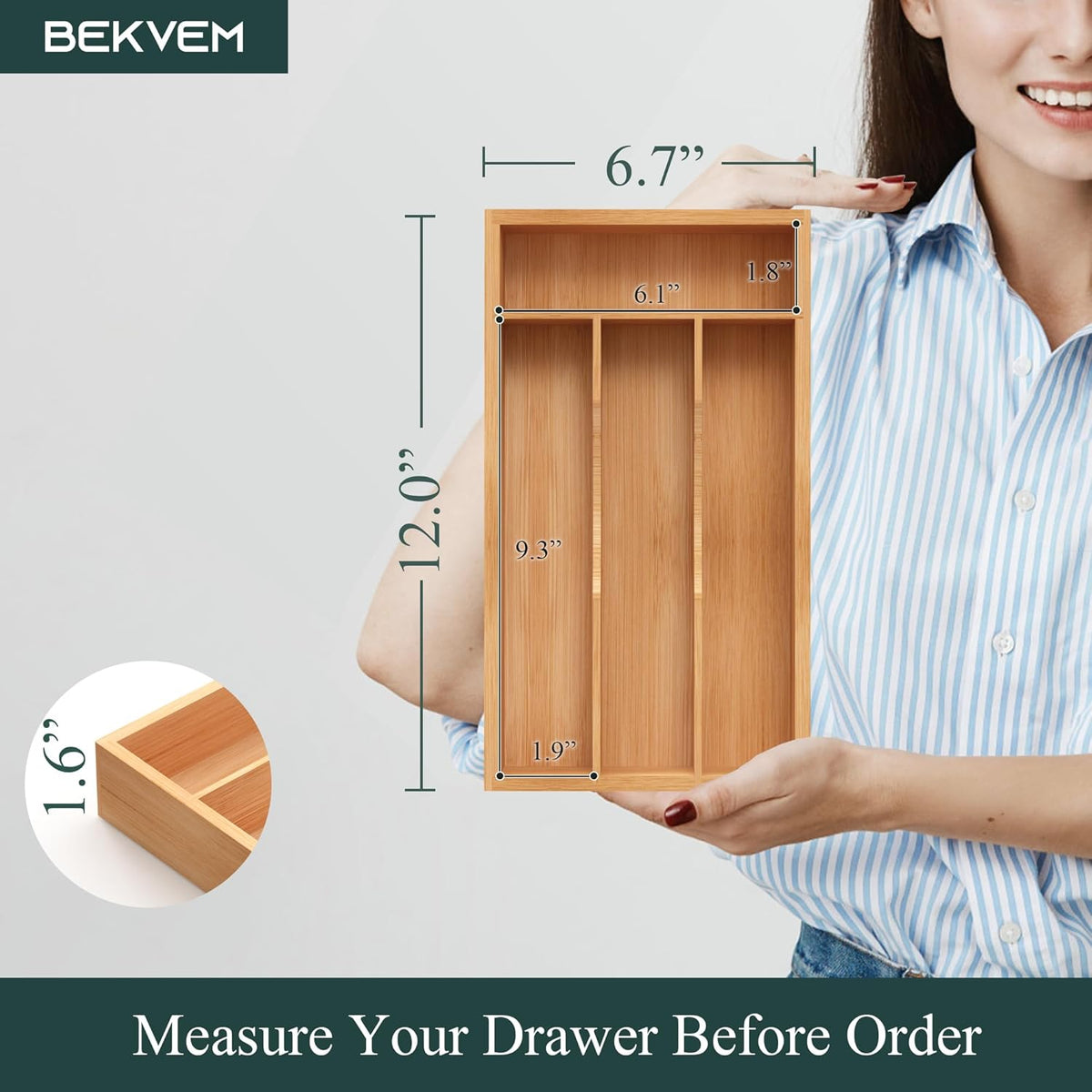 Bamboo Silverware Organizer, Kitchen Drawer Organizer, Utensil Holder, Cutlery Tray & Spoon Flatware Storage with Grooved Drawer Dividers (9.5''W x 13.5''D)