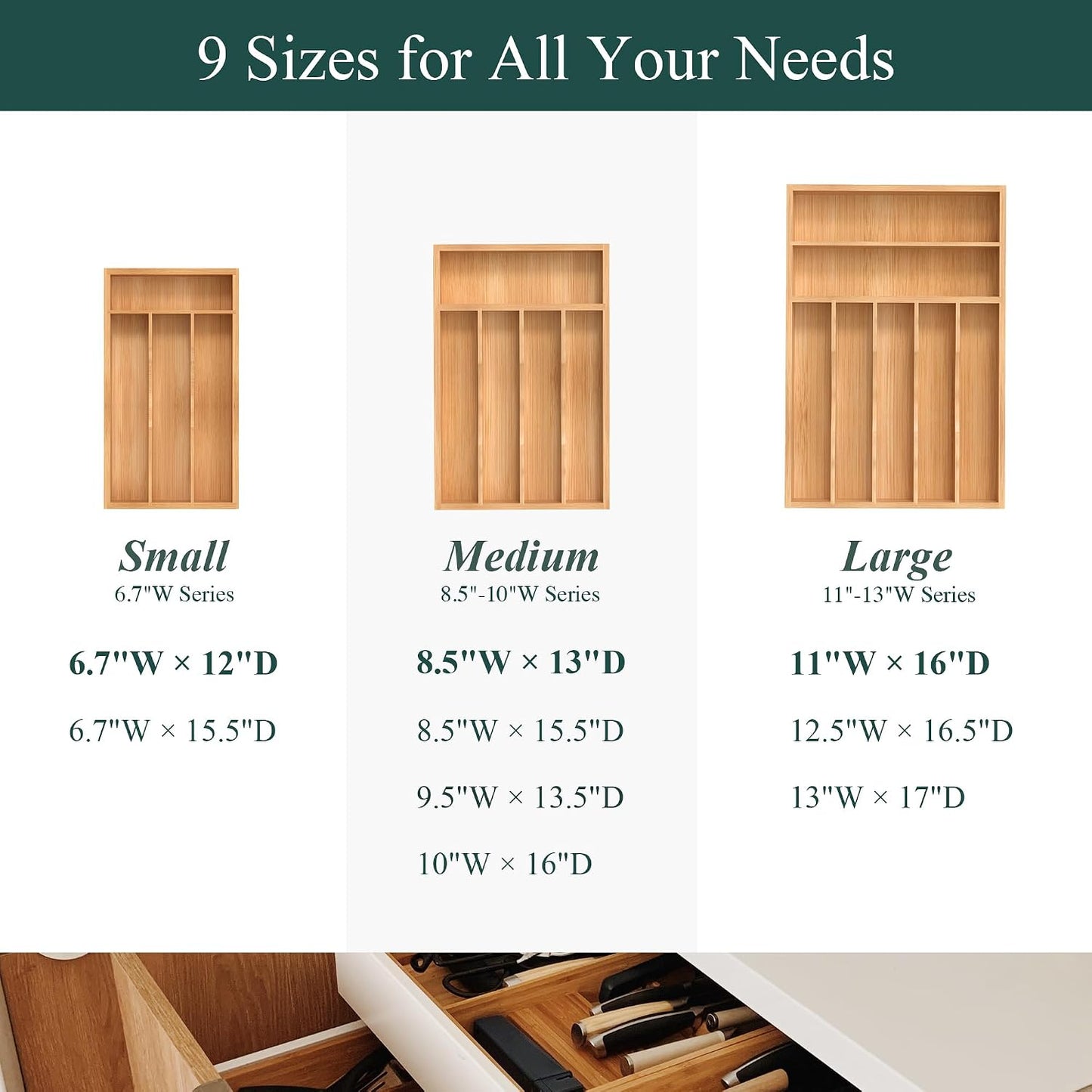 Bamboo Silverware Organizer, Kitchen Drawer Organizer, Utensil Holder, Cutlery Tray & Spoon Flatware Storage with Grooved Drawer Dividers (9.5''W x 13.5''D)