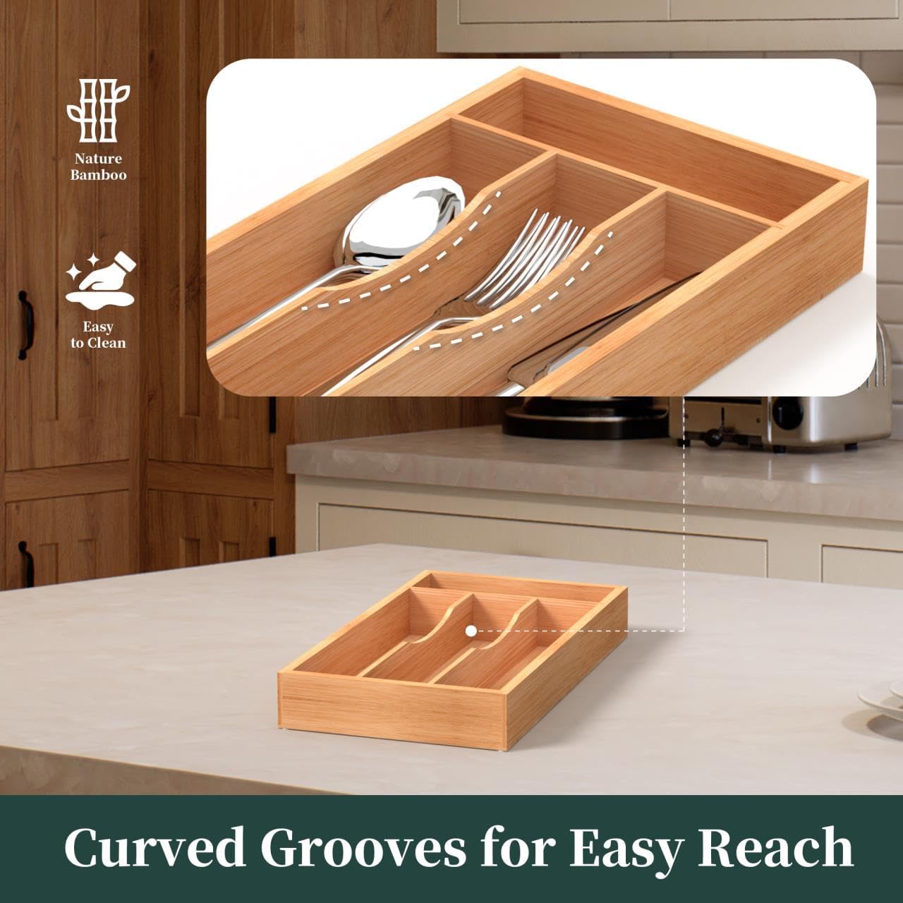 Bamboo Silverware Organizer, Kitchen Drawer Organizer, Utensil Holder, Cutlery Tray & Spoon Flatware Storage with Grooved Drawer Dividers (9.5''W x 13.5''D)