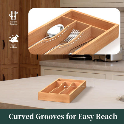 Bamboo Silverware Organizer, Kitchen Drawer Organizer, Utensil Holder, Cutlery Tray & Spoon Flatware Storage with Grooved Drawer Dividers (9.5''W x 13.5''D)