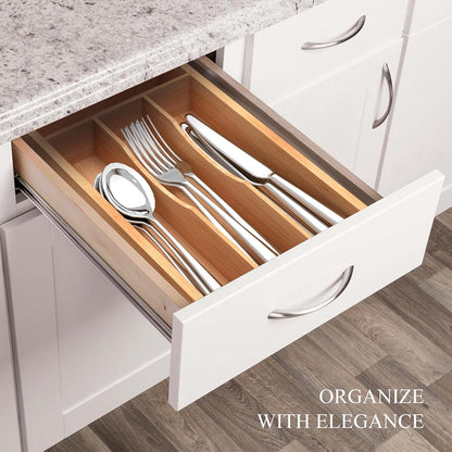 Bamboo Silverware Organizer, Kitchen Drawer Organizer, Utensil Holder, Cutlery Tray & Spoon Flatware Storage with Grooved Drawer Dividers (9.5''W x 13.5''D)
