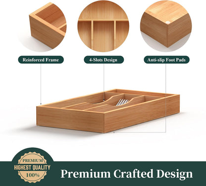 Bamboo Silverware Organizer, Kitchen Drawer Organizer, Utensil Holder, Cutlery Tray & Spoon Flatware Storage with Grooved Drawer Dividers (9.5''W x 13.5''D)