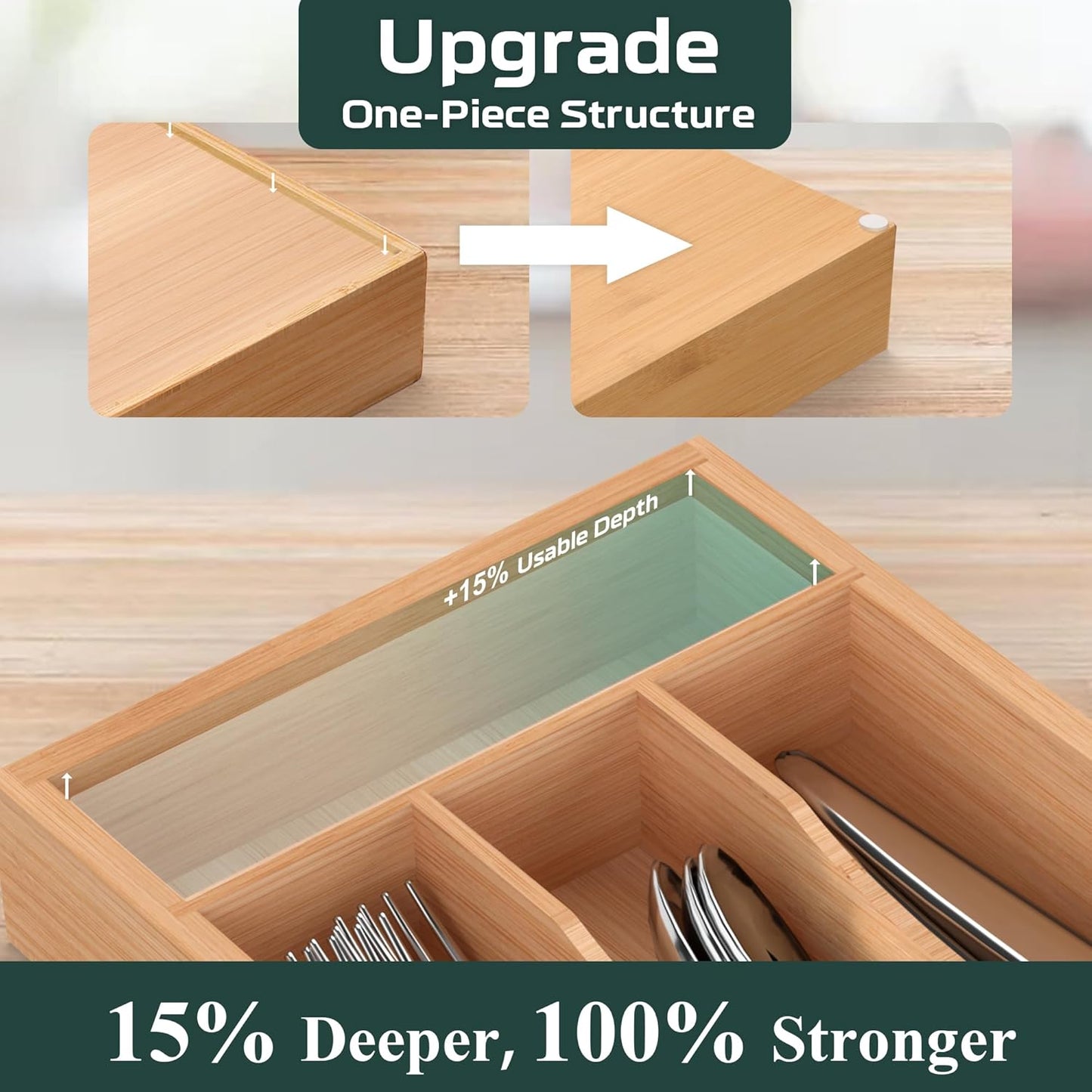 Bamboo Silverware Organizer, Kitchen Drawer Organizer, Utensil Holder, Cutlery Tray & Spoon Flatware Storage with Grooved Drawer Dividers (9.5''W x 13.5''D)