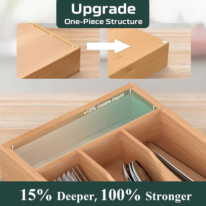 Bamboo Silverware Organizer, Kitchen Drawer Organizer, Utensil Holder, Cutlery Tray & Spoon Flatware Storage with Grooved Drawer Dividers (9.5''W x 13.5''D)