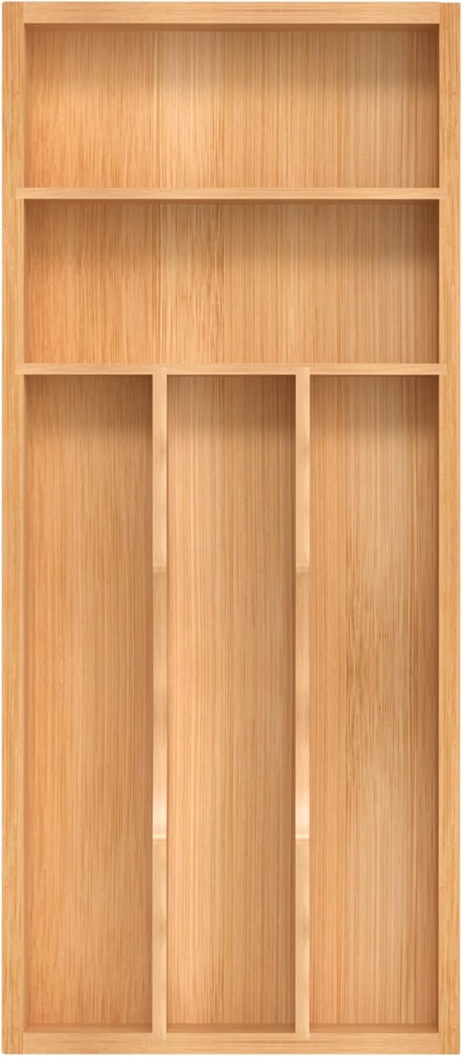 Bamboo Silverware Organizer, Kitchen Drawer Organizer, Utensil Holder, Cutlery Tray & Spoon Flatware Storage with Grooved Drawer Dividers (9.5''W x 13.5''D)