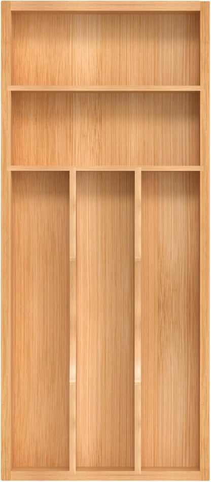 Bamboo Silverware Organizer, Kitchen Drawer Organizer, Utensil Holder, Cutlery Tray & Spoon Flatware Storage with Grooved Drawer Dividers (9.5''W x 13.5''D)