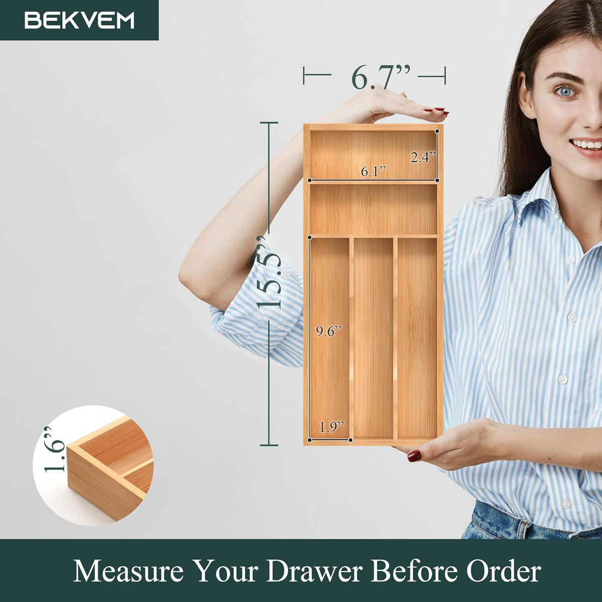 Bamboo Silverware Organizer, Kitchen Drawer Organizer, Utensil Holder, Cutlery Tray & Spoon Flatware Storage with Grooved Drawer Dividers (9.5''W x 13.5''D)