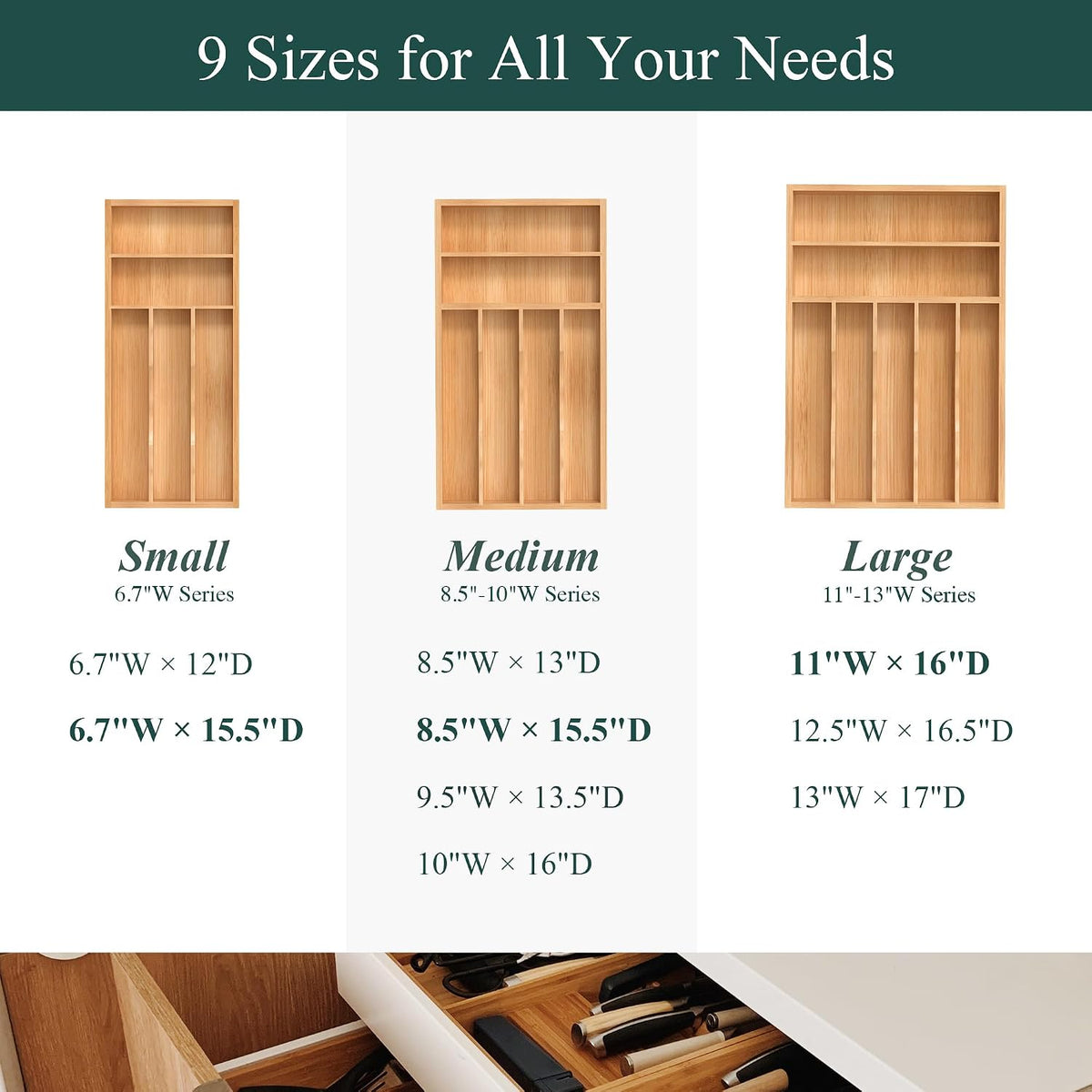 Bamboo Silverware Organizer, Kitchen Drawer Organizer, Utensil Holder, Cutlery Tray & Spoon Flatware Storage with Grooved Drawer Dividers (9.5''W x 13.5''D)