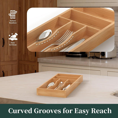Bamboo Silverware Organizer, Kitchen Drawer Organizer, Utensil Holder, Cutlery Tray & Spoon Flatware Storage with Grooved Drawer Dividers (9.5''W x 13.5''D)