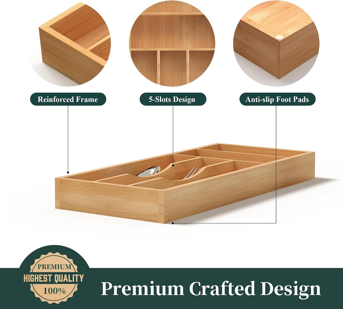 Bamboo Silverware Organizer, Kitchen Drawer Organizer, Utensil Holder, Cutlery Tray & Spoon Flatware Storage with Grooved Drawer Dividers (9.5''W x 13.5''D)