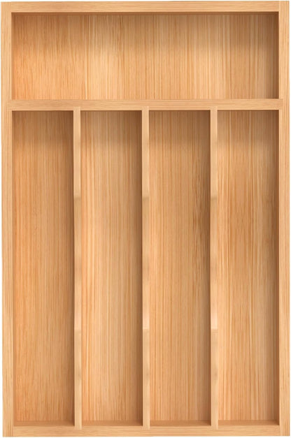Bamboo Silverware Organizer, Kitchen Drawer Organizer, Utensil Holder, Cutlery Tray & Spoon Flatware Storage with Grooved Drawer Dividers (9.5''W x 13.5''D)