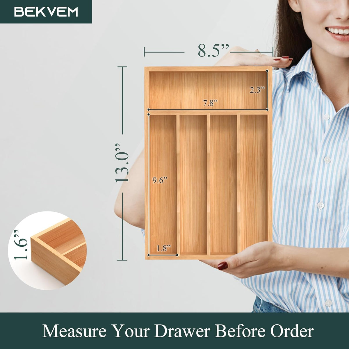 Bamboo Silverware Organizer, Kitchen Drawer Organizer, Utensil Holder, Cutlery Tray & Spoon Flatware Storage with Grooved Drawer Dividers (9.5''W x 13.5''D)