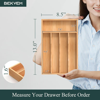 Bamboo Silverware Organizer, Kitchen Drawer Organizer, Utensil Holder, Cutlery Tray & Spoon Flatware Storage with Grooved Drawer Dividers (9.5''W x 13.5''D)