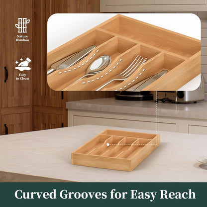 Bamboo Silverware Organizer, Kitchen Drawer Organizer, Utensil Holder, Cutlery Tray & Spoon Flatware Storage with Grooved Drawer Dividers (9.5''W x 13.5''D)