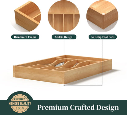 Bamboo Silverware Organizer, Kitchen Drawer Organizer, Utensil Holder, Cutlery Tray & Spoon Flatware Storage with Grooved Drawer Dividers (9.5''W x 13.5''D)