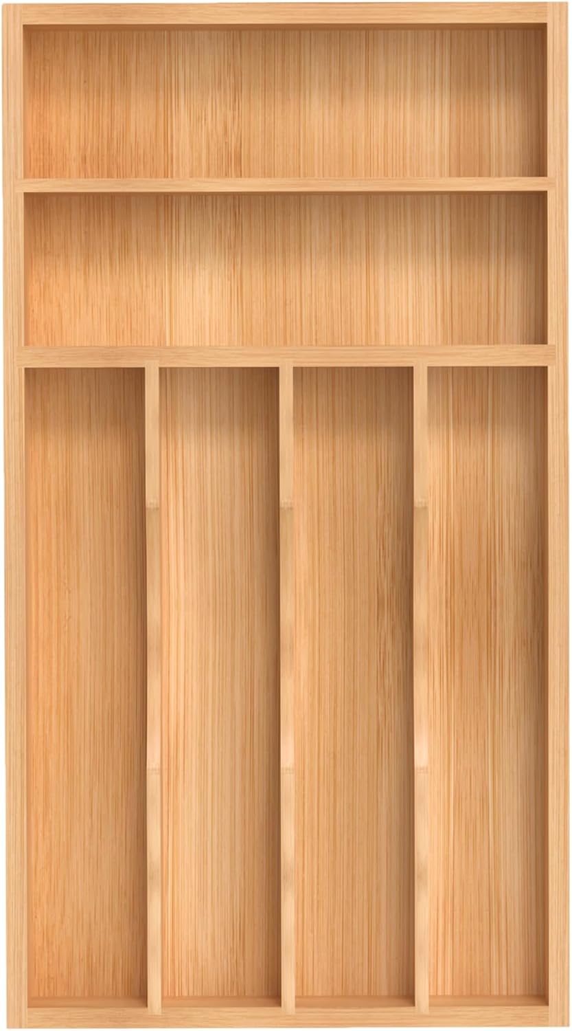 Bamboo Silverware Organizer, Kitchen Drawer Organizer, Utensil Holder, Cutlery Tray & Spoon Flatware Storage with Grooved Drawer Dividers (9.5''W x 13.5''D)