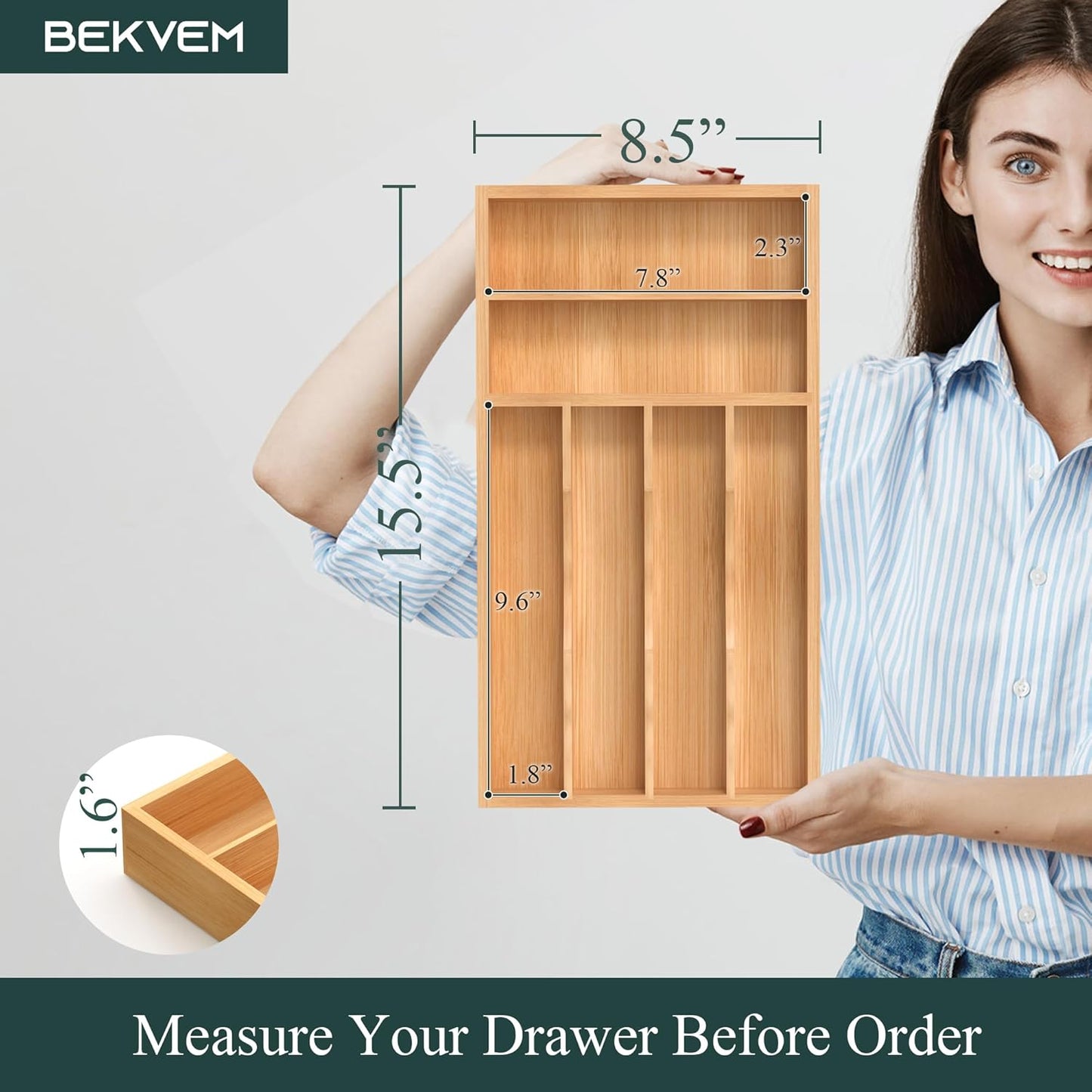 Bamboo Silverware Organizer, Kitchen Drawer Organizer, Utensil Holder, Cutlery Tray & Spoon Flatware Storage with Grooved Drawer Dividers (9.5''W x 13.5''D)