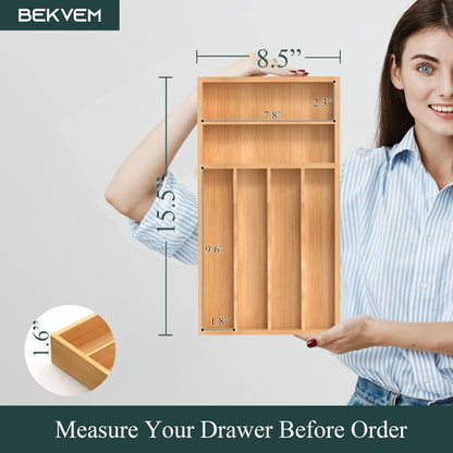 Bamboo Silverware Organizer, Kitchen Drawer Organizer, Utensil Holder, Cutlery Tray & Spoon Flatware Storage with Grooved Drawer Dividers (9.5''W x 13.5''D)