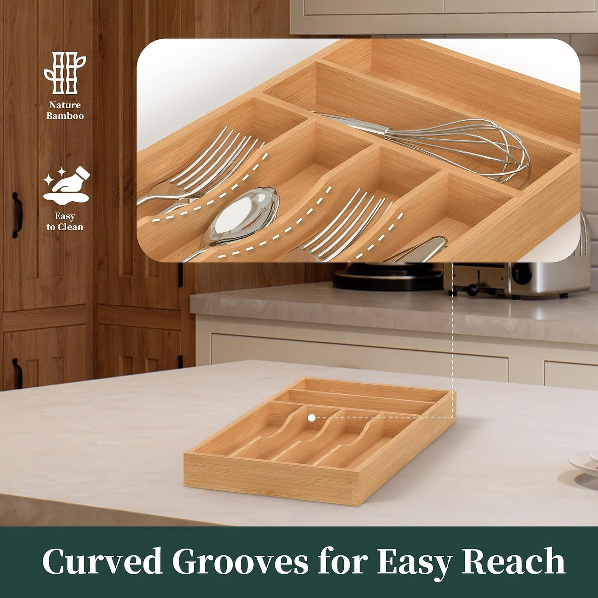 Bamboo Silverware Organizer, Kitchen Drawer Organizer, Utensil Holder, Cutlery Tray & Spoon Flatware Storage with Grooved Drawer Dividers (9.5''W x 13.5''D)
