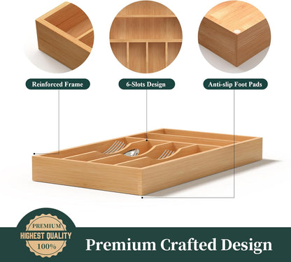 Bamboo Silverware Organizer, Kitchen Drawer Organizer, Utensil Holder, Cutlery Tray & Spoon Flatware Storage with Grooved Drawer Dividers (9.5''W x 13.5''D)