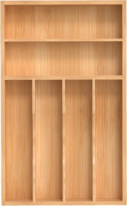 Bamboo Silverware Organizer, Kitchen Drawer Organizer, Utensil Holder, Cutlery Tray & Spoon Flatware Storage with Grooved Drawer Dividers (9.5''W x 13.5''D)