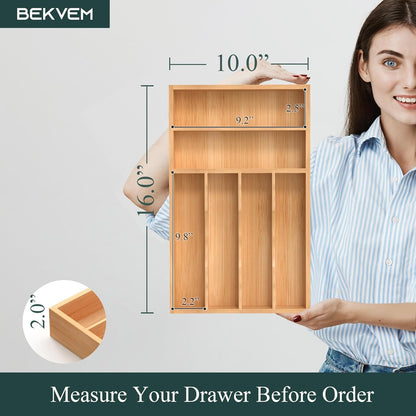 Bamboo Silverware Organizer, Kitchen Drawer Organizer, Utensil Holder, Cutlery Tray & Spoon Flatware Storage with Grooved Drawer Dividers (9.5''W x 13.5''D)