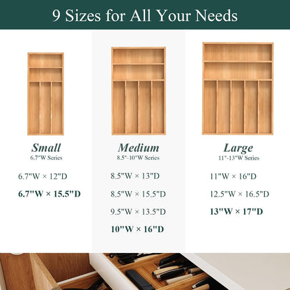 Bamboo Silverware Organizer, Kitchen Drawer Organizer, Utensil Holder, Cutlery Tray & Spoon Flatware Storage with Grooved Drawer Dividers (9.5''W x 13.5''D)