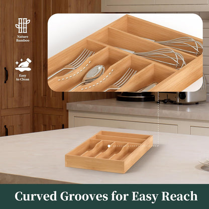 Bamboo Silverware Organizer, Kitchen Drawer Organizer, Utensil Holder, Cutlery Tray & Spoon Flatware Storage with Grooved Drawer Dividers (9.5''W x 13.5''D)