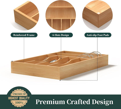 Bamboo Silverware Organizer, Kitchen Drawer Organizer, Utensil Holder, Cutlery Tray & Spoon Flatware Storage with Grooved Drawer Dividers (9.5''W x 13.5''D)
