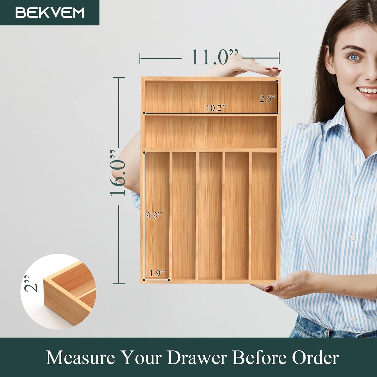 Bamboo Silverware Organizer, Kitchen Drawer Organizer, Utensil Holder, Cutlery Tray & Spoon Flatware Storage with Grooved Drawer Dividers (9.5''W x 13.5''D)