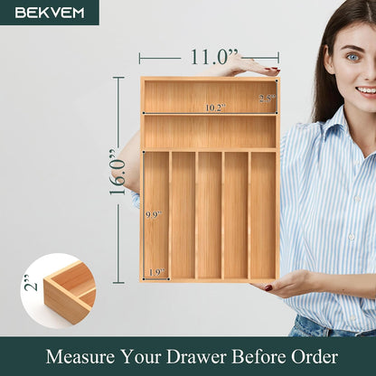 Bamboo Silverware Organizer, Kitchen Drawer Organizer, Utensil Holder, Cutlery Tray & Spoon Flatware Storage with Grooved Drawer Dividers (9.5''W x 13.5''D)