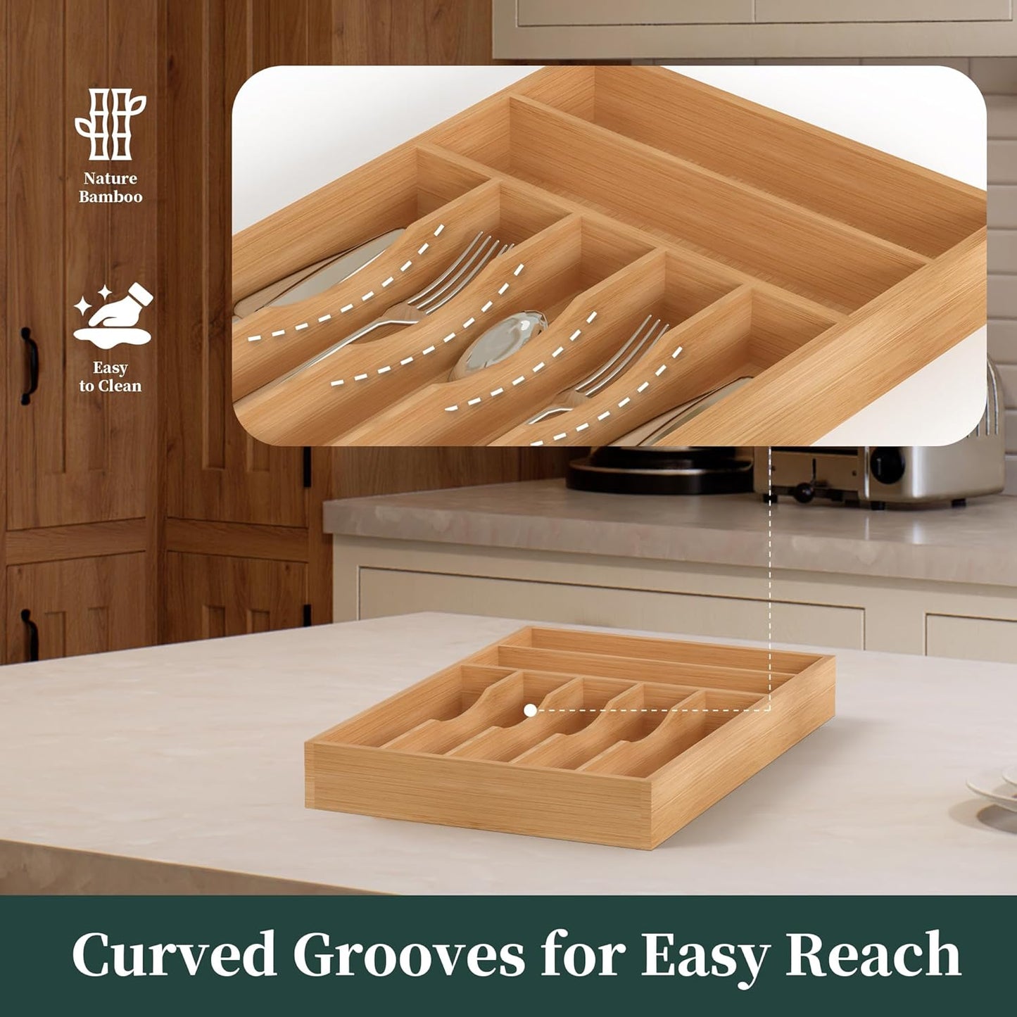 Bamboo Silverware Organizer, Kitchen Drawer Organizer, Utensil Holder, Cutlery Tray & Spoon Flatware Storage with Grooved Drawer Dividers (9.5''W x 13.5''D)