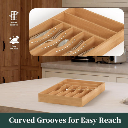 Bamboo Silverware Organizer, Kitchen Drawer Organizer, Utensil Holder, Cutlery Tray & Spoon Flatware Storage with Grooved Drawer Dividers (9.5''W x 13.5''D)